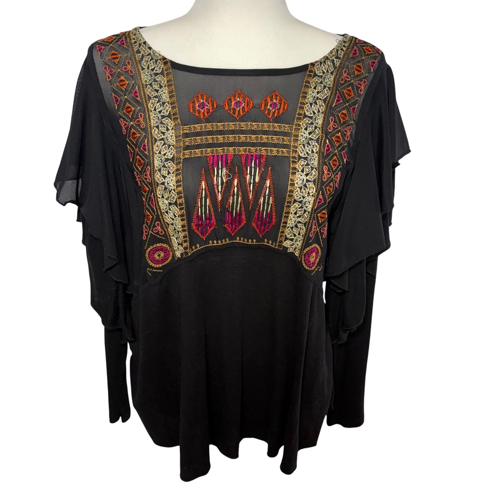 Free People Black Embroidered Linen Blouse Mesh Boho Top Womens Small Western